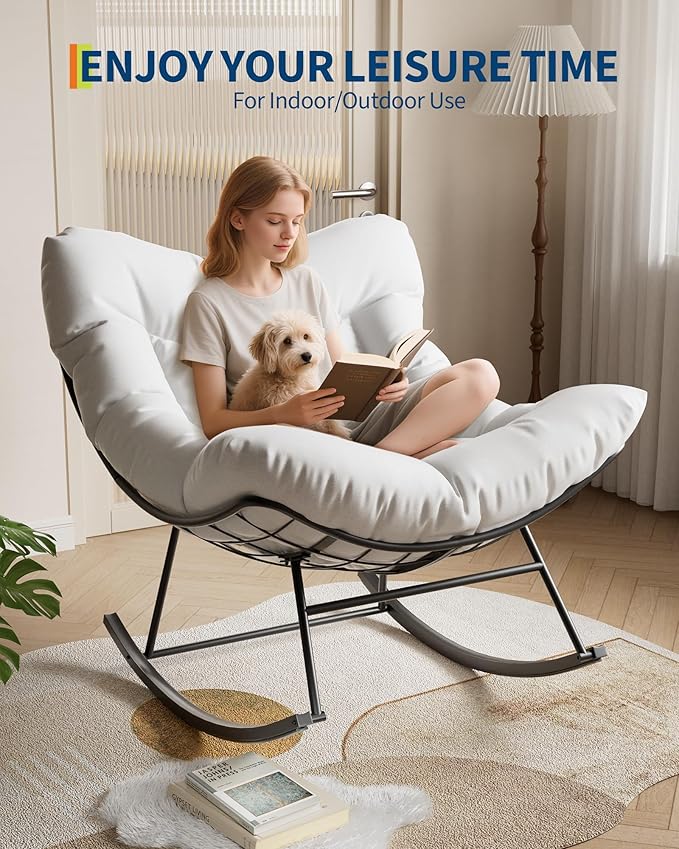 GarveeLife Outdoor Papasan Rocking Chair, Oversized Rocking Chair with Sturdy Metal Frame, Patio Egg Rocker for Balcony Backyard Porch Bedroom, White