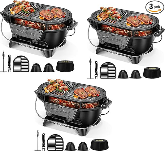 VIVOHOME Oval Cast Iron Grill with Interchangeable Grates & Griddle, 2 Furnace Doors for Heat Control, Includes Gloves, Poker and UV-Resistant Cover 3 Pack