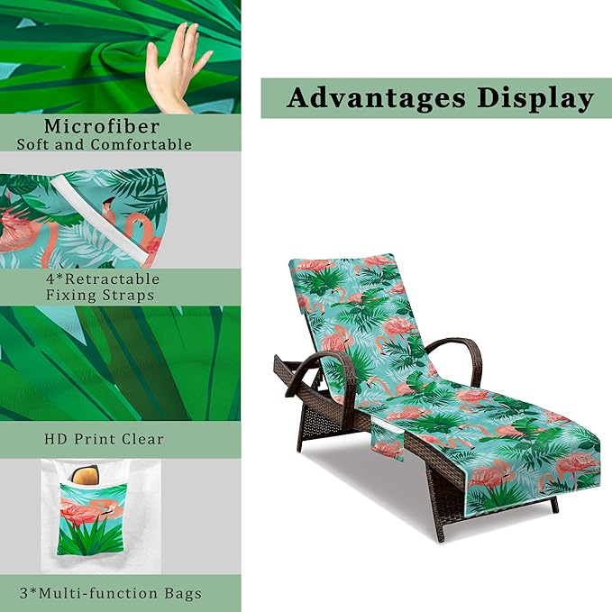 Beach Chair Cover (1Pc), Lounge Chair Covers with Side Pockets 85 x 30，Thick and Quick Dry Lounge Chair Towel Cover for Sun Lounger, Pool Beach Garden Outdoor Tanning Chair Cover,Flamingo Theme