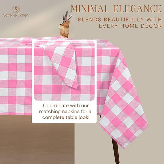 Rose Pink and White Buffalo Check Tablecloth, 60x102 Inches, Plaid Table Cover, 100% Cotton, Washable and Reusable, Perfect for Baby Shower, Birthdays, Weddings and Holiday Gatherings
