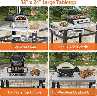 M METERXITY Stainless Steel Pizza Oven Table for Ooni, 32"x 24" Three-Shelf | Stainless Steel Outdoor Grill Cart Table, Outside BBQ Food Prep, 650 lbs, Multifunctional Area for Pizza Ovens Stand, Griddle