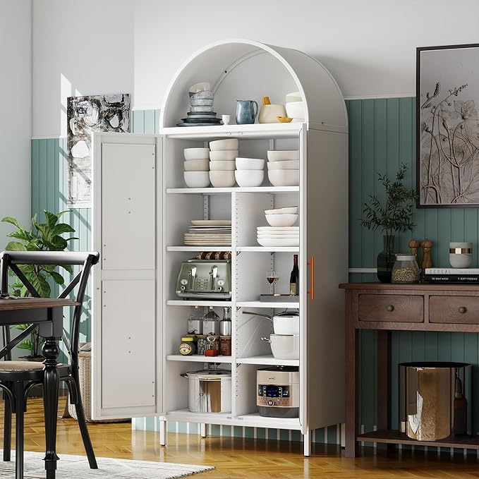 White Metal Arched Pantry Cabinet for Kitchen Storage, Tall 2-Door Cupboard with 6 Adjustable Shelves, Magnetic Closure & Anti-Tip Kit, 15.4" D x 30.7" W x 72.8" H, Assembly Required