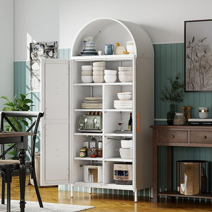 White Metal Arched Pantry Cabinet for Kitchen Storage, Tall 2-Door Cupboard with 6 Adjustable Shelves, Magnetic Closure & Anti-Tip Kit, 15.4" D x 30.7" W x 72.8" H, Assembly Required