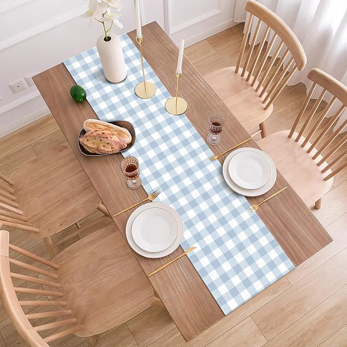 Dusty Blue Gingham Table Runner Light Blue Checkered Boy Girl Baby Shower Birthday Party Decoration Home Dining Kitchen Island Decor (13" x 48")