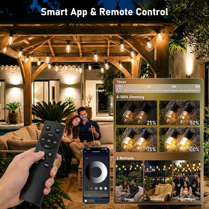 CAWWS Outdoor String Lights 50FT, Super Bright Warm White LED Patio Lights | 2700K Warm White, App & Remote Control, Dimmable, 20 Shatterproof LED Bulbs, IP67 Waterproof, Replaceable LED Chips