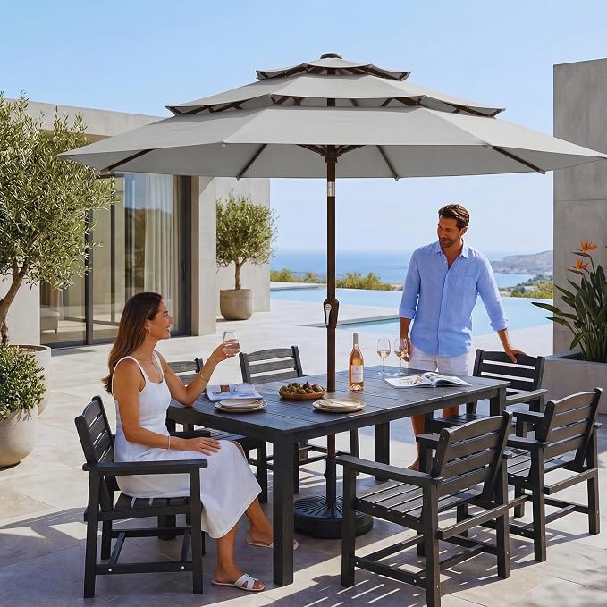 10ft 3 Tier Patio Umbrella, Outdoor Market Table Umbrella with UPF 50+ Vented Canopy, 8 Sturdy Ribs, Easy Push Button Tilt and Crank, Windproof for Deck, Pool, Backyard and Garden