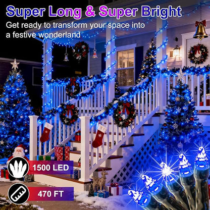 1500 LED 470FT Christmas String Lights Outdoor, 12 Pro Modes and Timer Memory & Brightness, Plug in Waterproof Dark Green Wire Twinkle Light for for Xmas Yard Tree Wedding Party Decor (Blue)