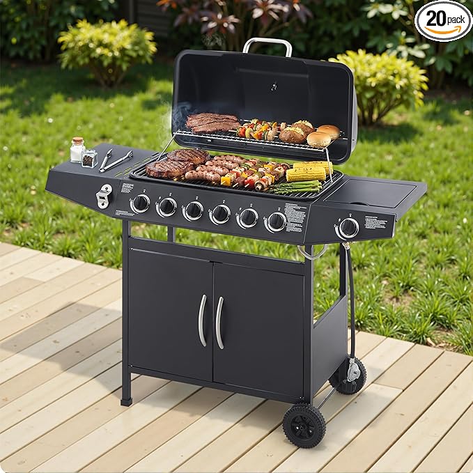 Outdoor Gas Grill with 6 Burners & Side Burner 59000 BTU Stainless Steel BBQ Grill Enamel-Coated Grates Side Tables for Backyard Patio Cooking Charcoal Grills & Smokers,A3