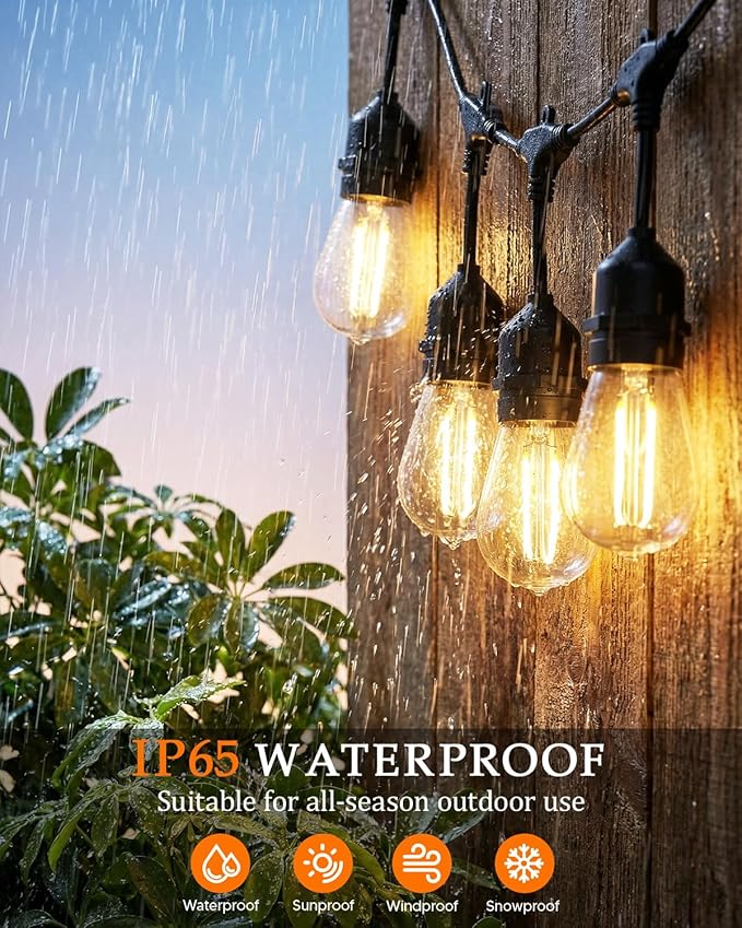 25FT S14 Outdoor String Lights, 15+2 Shatterproof Bulbs 2W, 1.5FT Spacing IP65 Waterproof| Dimmable with Remote, Heavy-Duty, Include Screw & Zip Ties for Patio Backyard Holiday Outside