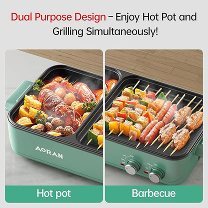 AORAN Electric Hot Pot with Grill, 2-in-1 Indoor Non-Stick Pot for Korean BBQ, Shabu Shabu & Noodles, Dual Temperature Control, Quick Heating with Bonus Accessories Green
