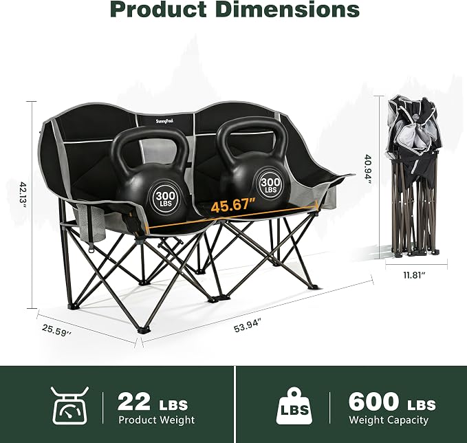 SUNNYFEEL Double Camping Chair Oversized Loveseat for Adults | 600LBS Heavy Duty Padded Camping Couch with Cup Holder, Storage Pockets & Carry Bag for Patio RV/ Lawn/ Backyard