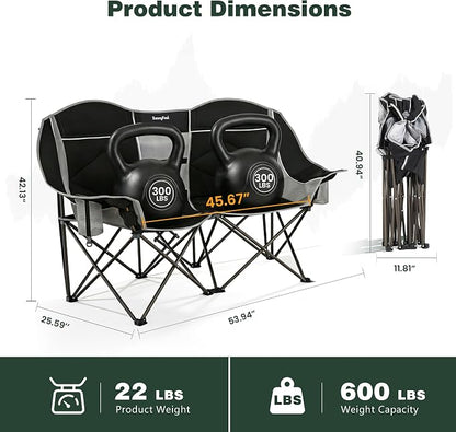 SUNNYFEEL Double Camping Chair Oversized Loveseat for Adults | 600LBS Heavy Duty Padded Camping Couch with Cup Holder, Storage Pockets & Carry Bag for Patio RV/ Lawn/ Backyard
