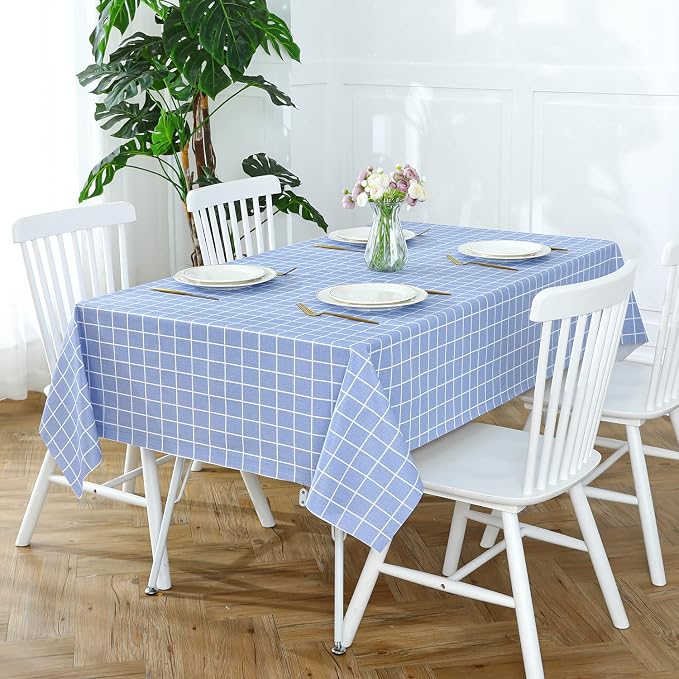 Romanstile Rectangle Vinyl Tablecloth, 100% Waterproof Oil-Proof Checkered Plastic Table Cloth, Heavy Duty Wipeable Table Covers for Dining, Camping, Picnic, Outdoor - 60 x 102 Inch, Blue