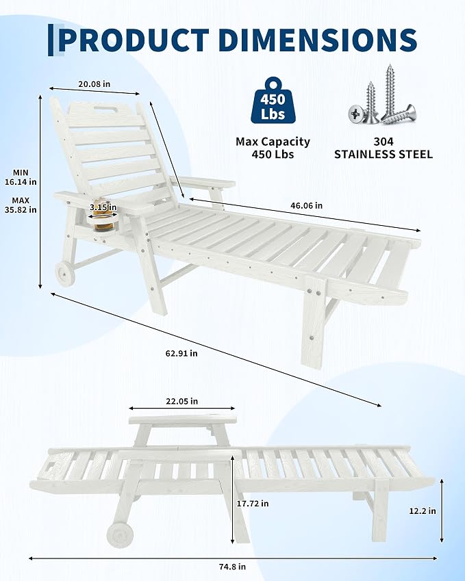 2 Pack HDPE Lounge Chair Outdoor with Cup Holder & 5-Position Backrest | All-Weather & Wood Textured for Patio Poolside Deck Backyard, White