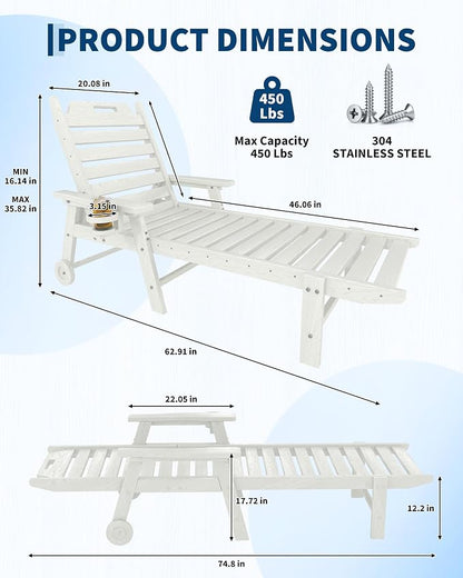 HDPE Lounge Chair Outdoor with Cup Holder, 5-Position Backrest & Wheels | All-Weather & Wood Textured for Patio Poolside Deck Backyard, White