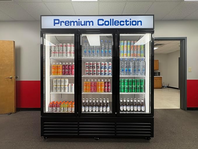 71” Wide Commercial Beverage Refrigerator Display Fridge, Three Glass Door Merchandiser Drink Cooler With LED Light 9 Adjustable Shelves,ETL Sanitation,63.5 Cu Ft,BLACK,Wheels Included