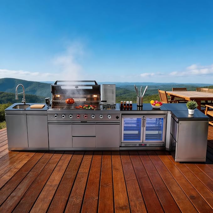157-Inch 6-Burner Propane Gas Outdoor L-Shaped Island, 96000 BTU Grill 304 SS BBQ with 140L Wine Cooler, Rotisserie, Granite Countertops Storage Cabinets & Drawers, for Patio Backyard BBQ, Silver