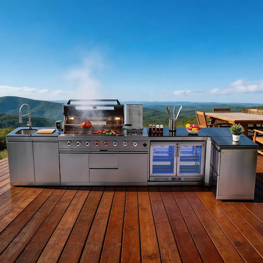 157-Inch 6-Burner Propane Gas Outdoor L-Shaped Island, 96000 BTU Grill 304 SS BBQ with 140L Wine Cooler, Rotisserie, Granite Countertops Storage Cabinets & Drawers, for Patio Backyard BBQ, Silver