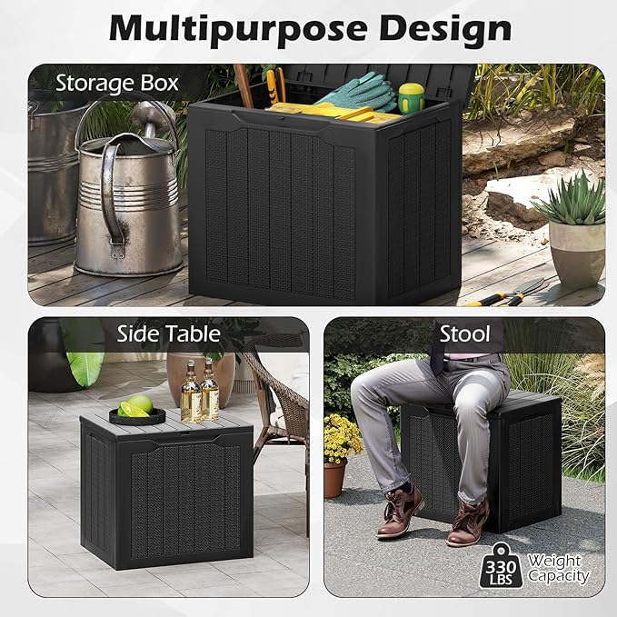 Giantex 25 Gallon Outdoor Storage Box, Patio Deck Box with Lockable Lid, Wicker-woven Texture, Waterproof Storage Bench for Pool Accessories, Garden Tools, Package Delivery, Patio Furniture (Black)