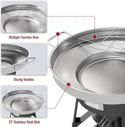 Feasto 23" Stainless Steel Concave Comal Set, Discada Disc Cooker with 54,000 BTU Paella Burner and Adjustable Stand Set, Cazo Para Carnitas Tortillas Stir Fry Wok for Outdoor Cooking, CSA Certified