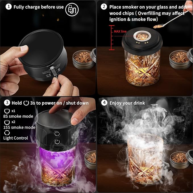 Electric Whiskey Smoker Kit with Lights: Cocktail Infuser with 6 Wood Chips for Whiskey Bourbon Lovers - Old Fashioned Drink Smoker Kits for Drink Mixing Home Bar Party - Gifts for Men Dad Husband