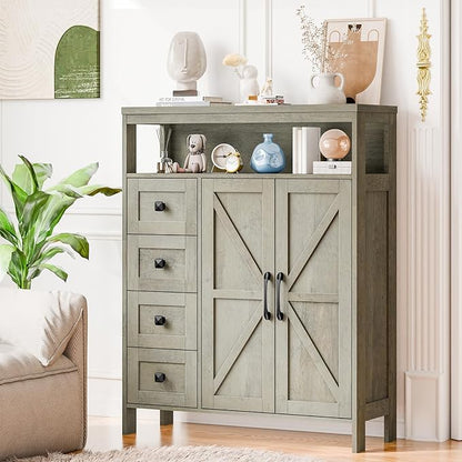Vabches Farmhouse Storage Cabinet with 2 Doors and 4 Drawers, Freestanding Bathroom Storage Cabinet Kitchen Pantry Cabinet, Floor Cabinets Hutch Cupboard for Kitchen/Living Room/Bathroom.Grey Oak.