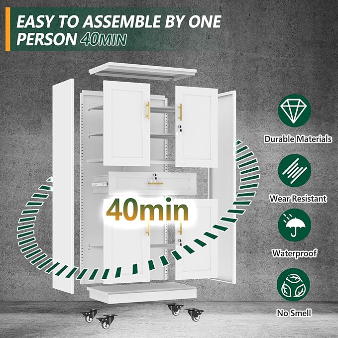 winiowa 71" Tall Metal Garage Storage Cabinet with Wheels and Locking Doors, Locking Rolling Tool Cabinet with Drawer and 3 Adjustable Shelves for Garage,Home,Office (White)