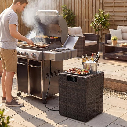 Tangkula Wicker Propane Tank Cover Table, 20 LB Gas Tank Holder Storage Box with Flip Lid & Adjustable Foot Pads, 16" Outdoor Rattan Hideaway Table for Gas Fire Pit, Grill, Griddle & Stove (Brown)