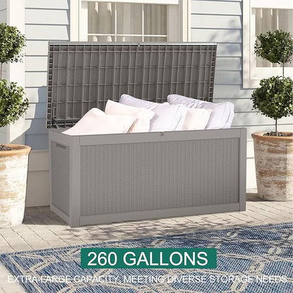 FEFLO 260 Gallon Waterproof Resin Outdoor Storage Box, Lockable & UV Resistant Patio Deck Boxes, Outside Storage for Patio Cushions, Pool Toys, Garden Tools & Package Delivery, Brown