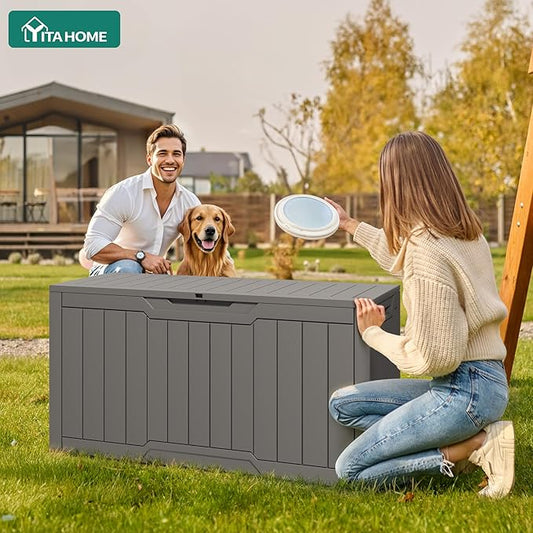 YITAHOME 80 Gallon Resin Deck Box, Outdoor Lockable Storage Box for Patio Furniture, Waterproof Patio Deck Box for Cushions, Pool Supplies, Sports Equipment and Garden Tools, Taupe
