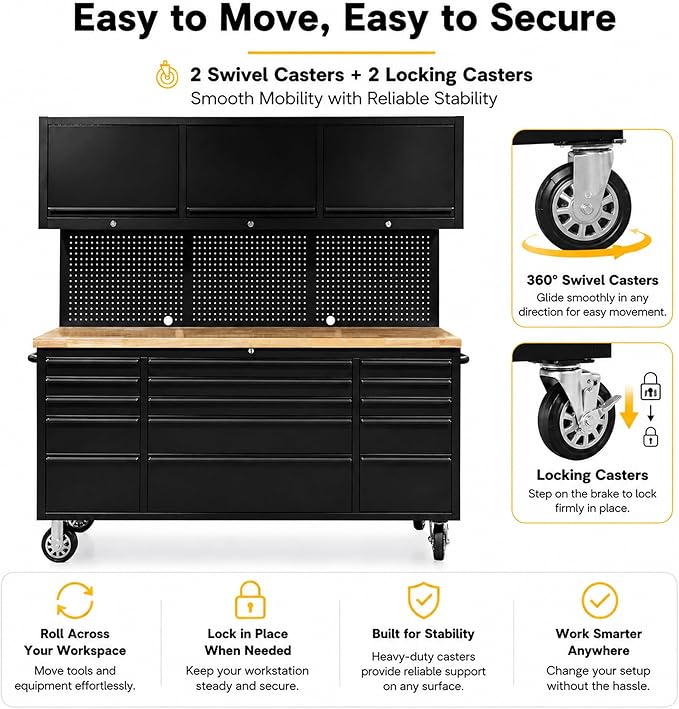CHETTO C 72 inch Tool Chest Tool Box Mobile 15 Drawers Storage 3 Upper Cabinets SS-Pegboard Rolling Cabinet with Wheels Lock Key Locking System Drawer Liners for Garage Warehouse Repair Shop Black