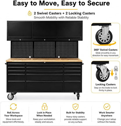 CHETTO C 72 inch Tool Chest Tool Box Mobile 15 Drawers Storage 3 Upper Cabinets SS-Pegboard Rolling Cabinet with Wheels Lock Key Locking System Drawer Liners for Garage Warehouse Repair Shop Black