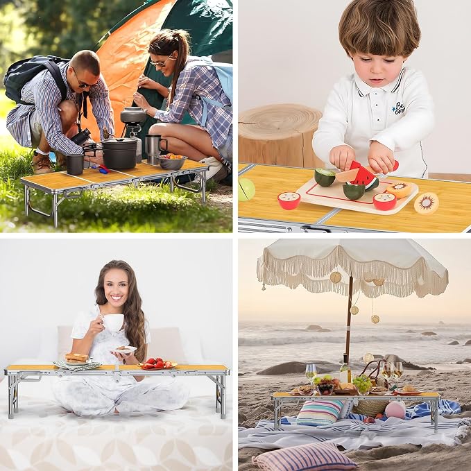 FUNYKICH 4ft Low Folding Picnic Table(45.7''x15.7''x10.3''), Thicker Aluminum Legs Beach Table with Handle & Carry Bag, Lightweight Small Camping Table for Picnic Beach Camping Party, Yellow