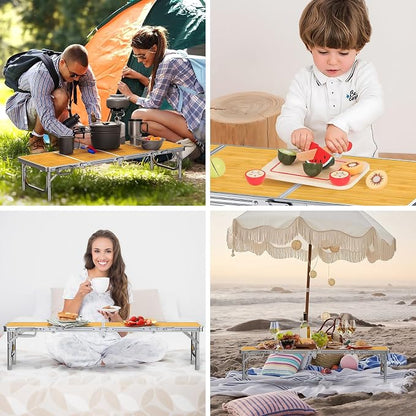 FUNYKICH 4ft Low Folding Picnic Table(45.7''x15.7''x10.3''), Thicker Aluminum Legs Beach Table with Handle & Carry Bag, Lightweight Small Camping Table for Picnic Beach Camping Party, Yellow