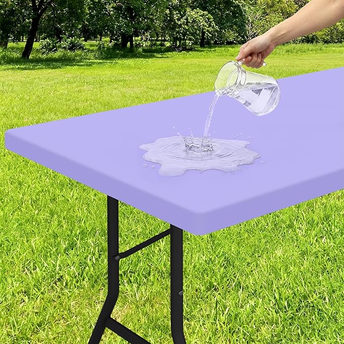 Smiry Rectangle Tablecloth, Elastic Fitted Flannel Backed Vinyl Tablecloths for 8ft Folding Tables, Waterproof Wipeable Table Covers for Indoor, Outdoor, Picnic and Camping (Lavender, 30"x96")