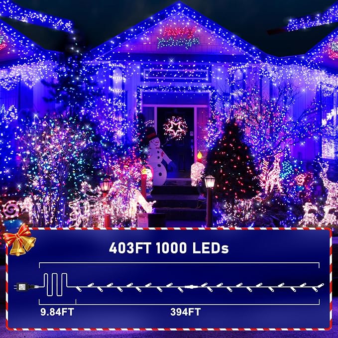 KNONEW 403ft 1000 LED String Lights Outdoor Christmas Light 8 Modes & Timer Fairy Lighting Plug in Waterproof for Xmas Yard Tree Wedding Party Holiday Decorations (Blue)
