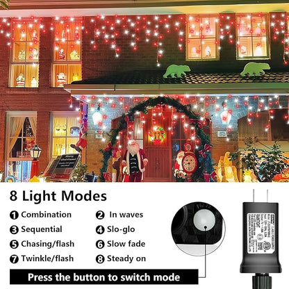 QITONG Red and White Icicle Lights for Outside, 66ft 800 LED String Light with 8 Modes, Clear Wire Connectable Icicle Christmas Lights Indoor Plug in