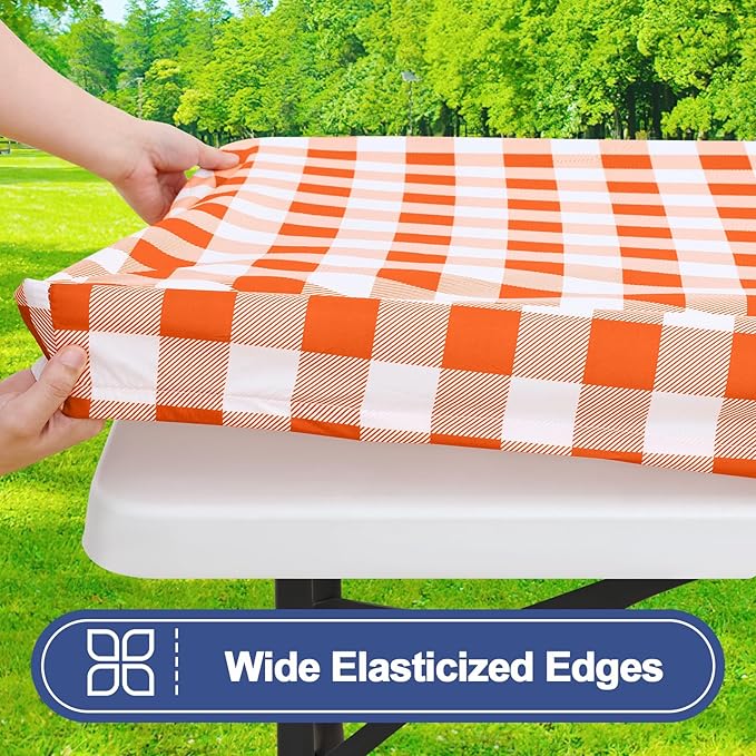 Smiry Picnic Table Cloth 2 Pack, Waterproof Elastic Fitted Tablecloths for 8FT Rectangle Tables, Washable Polyester Buffalo Plaid Tablecloth for Camping, Dining & Outdoor (Orange & White, 30" x 96")