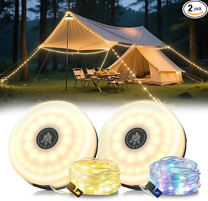 L LOHAS LED Upgraded 2 Packs Camping String Lights, 4 in 1 Quick Recovery Waterproof Camping Lights, 32.8FT with 8 Modes, Camping Essentials for Yard, Tent, Hiking, Patio, and Christmas Decor