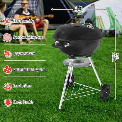 18 inch Charcoal Grill, Portable Kettle BBQ Grills, Barbecue Gift, Durable & Easy to Assemble, Round Barbecue Grill for Outdoor Cooking, Patio and Beach, Black