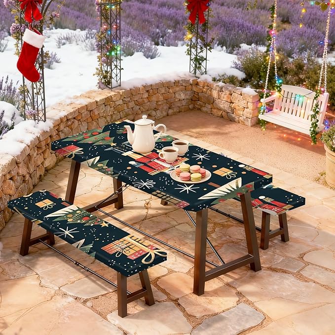 Christmas Picnic Table Cover with Bench Cover, Outdoor Picnic Table Elastic Tablecloth, Walnut Clip and Gift Box Design, Durable Tablecloth for Camping, Barbecue and Coliday Parties.