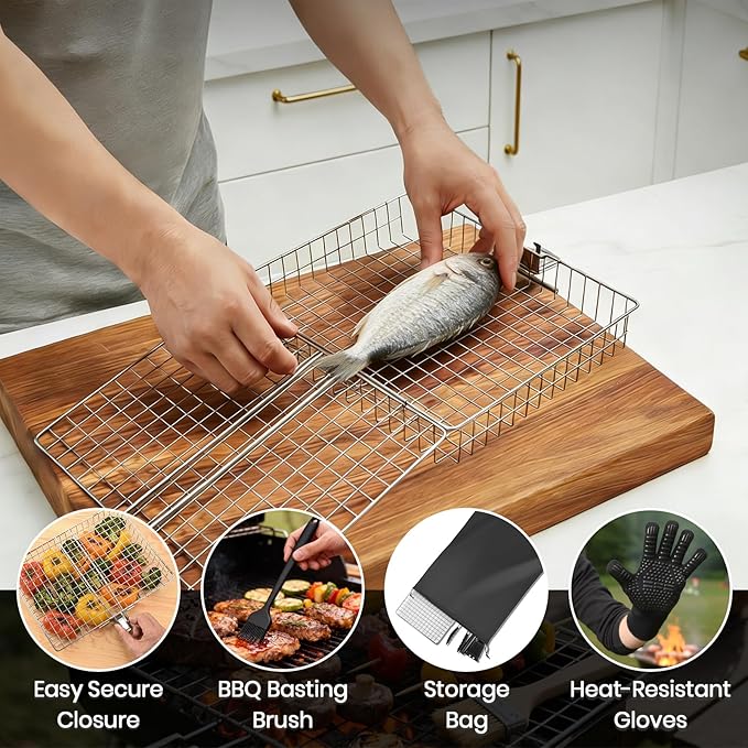 16 PCS Stainless Steel Grill Basket Set, Complete BBQ Grill Accessories for Shrimp, Vegetables & Fish, Portable Grill Basket with Oil Sprayer, Ideal Grilling Gifts for Men Dad Husband