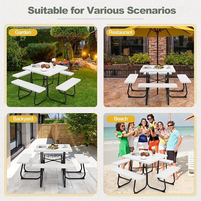 Tangkula 8 Person Picnic Table, Outdoor Square Picnic Table with 4 Built-in Benches, Umbrella Hole, Metal Frame & HDPE Tabletop, Outside Table and Bench Set for Backyard, 2300lbs Weight Capacity