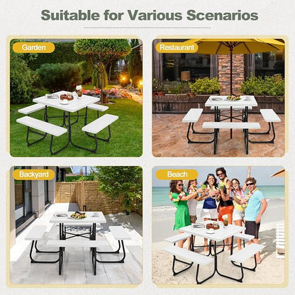 Tangkula 8 Person Picnic Table, Outdoor Square Picnic Table with 4 Built-in Benches, Umbrella Hole, Metal Frame & HDPE Tabletop, Outside Table and Bench Set for Backyard, 2300lbs Weight Capacity