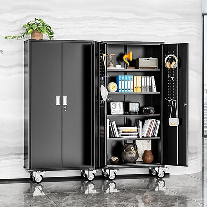 INTERGREAT Metal Storage Cabinet with Wheels, 72" Lockable Mobile Cabinets with Adjustable Shelves, Large Capacity Rolling Tall Cabinet with Casters for Home Office, Kitchen, Garage, School(Black)