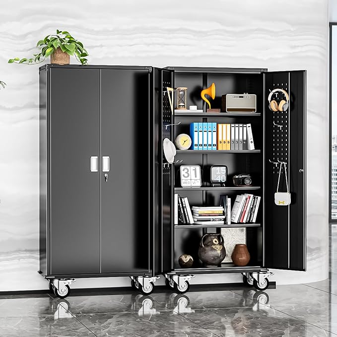 Rolling Metal Cabinet with Wheels, 72" Locking Storage Cabinet with Adjustable Shelves, Large Capacity Pulley Cabinets for Home Office, School, Warehouse(Black)