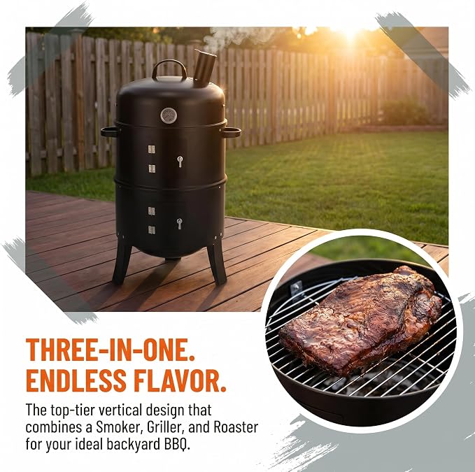 Vertical Charcoal Grill & Smoker for Backyard BBQ, Outdoor Cooking with Chimney and Powder-Coated Iron, Compact Barrel-Style Design, Black