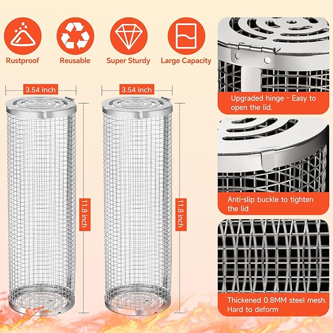 Grill Basket, Stainless Steel Rolling Grill Basket Mesh for Fish, Shrimp, Meat, Vegetables, Fries - Portable Barbeque Accessories for Outdoor Grilling