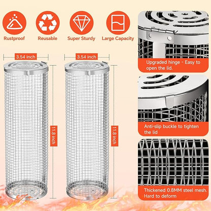 Grill Basket, Stainless Steel Rolling Grill Basket Mesh for Fish, Shrimp, Meat, Vegetables, Fries - Portable Barbeque Accessories for Outdoor Grilling