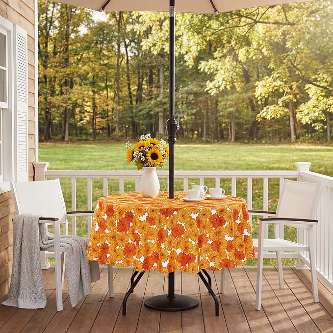 Poise3EHome 60 inches Round Outdoor Tablecloth with Umbrella Hole and Zipper,Spillproof Patio Table Cloth for Camping Picnic Party Garden Table, Yellow Flower